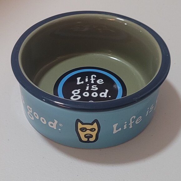 Dog Bowl LIFE IS GOOD Heavy Ceramic Blue & Olive Green 6" X 2" GOOD DOG - Picture 1 of 11